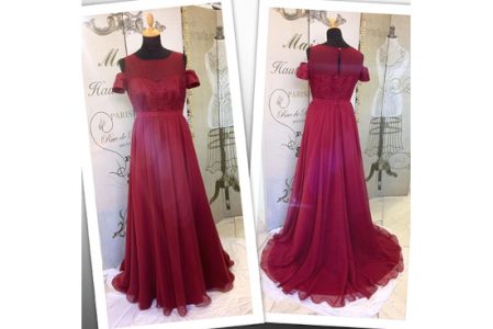 Abendkleid, Ballkleid aus rotem Chiffon und Spitze